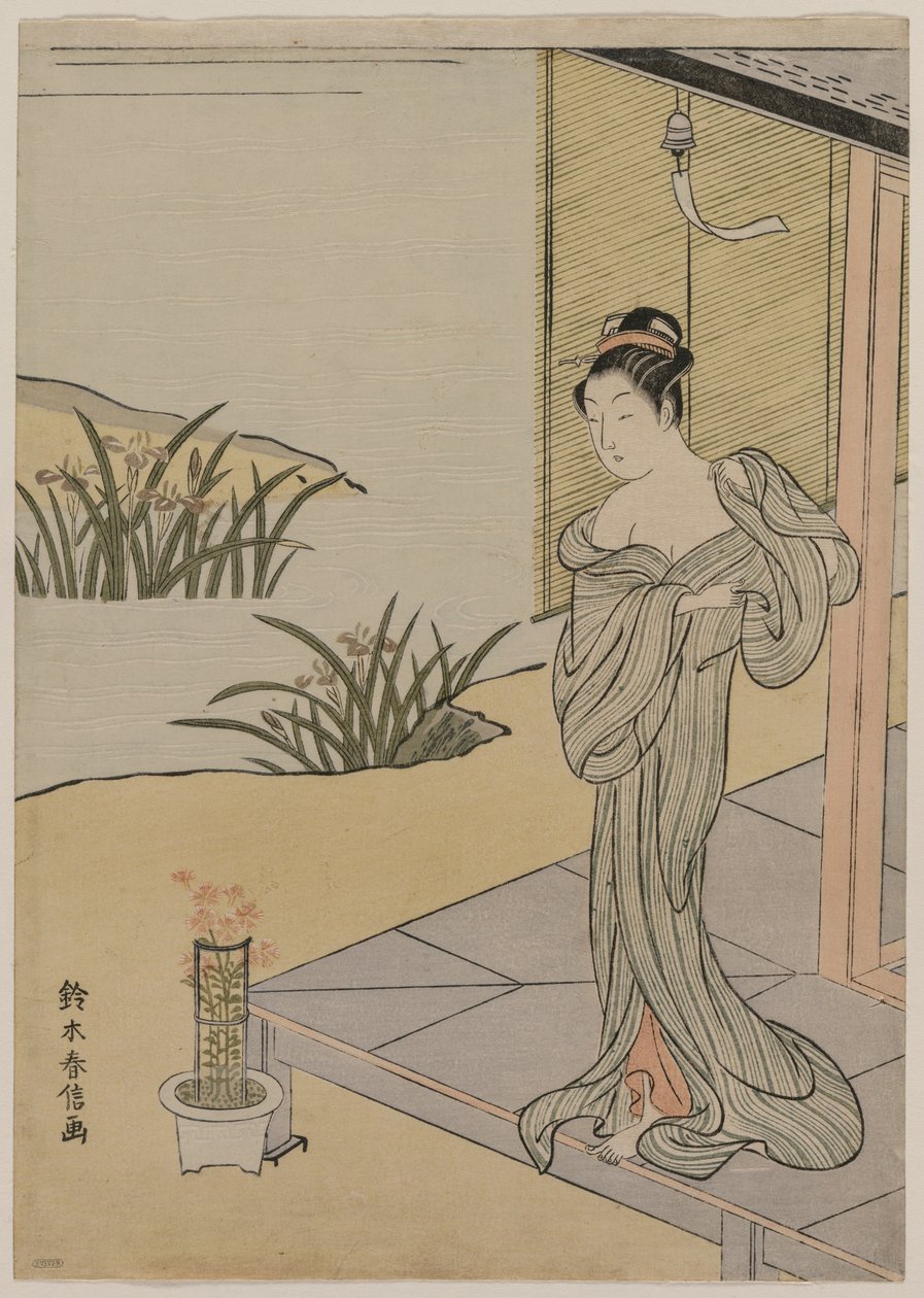 Jovem mulher olhando um pote de rosas, c. 1767 de Suzuki Harunobu