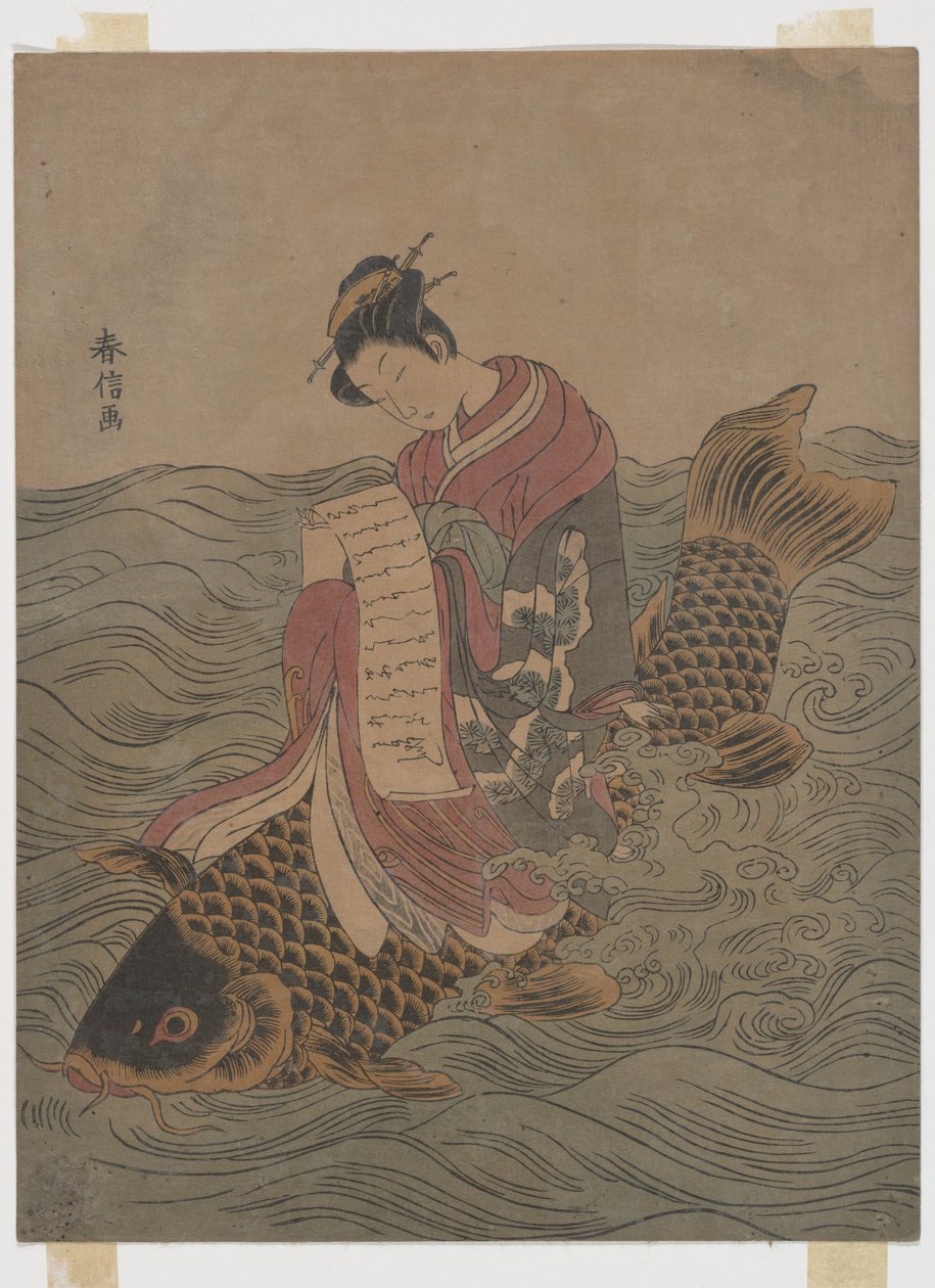 Jovem mulher a cavalgar uma carpa de Suzuki Harunobu