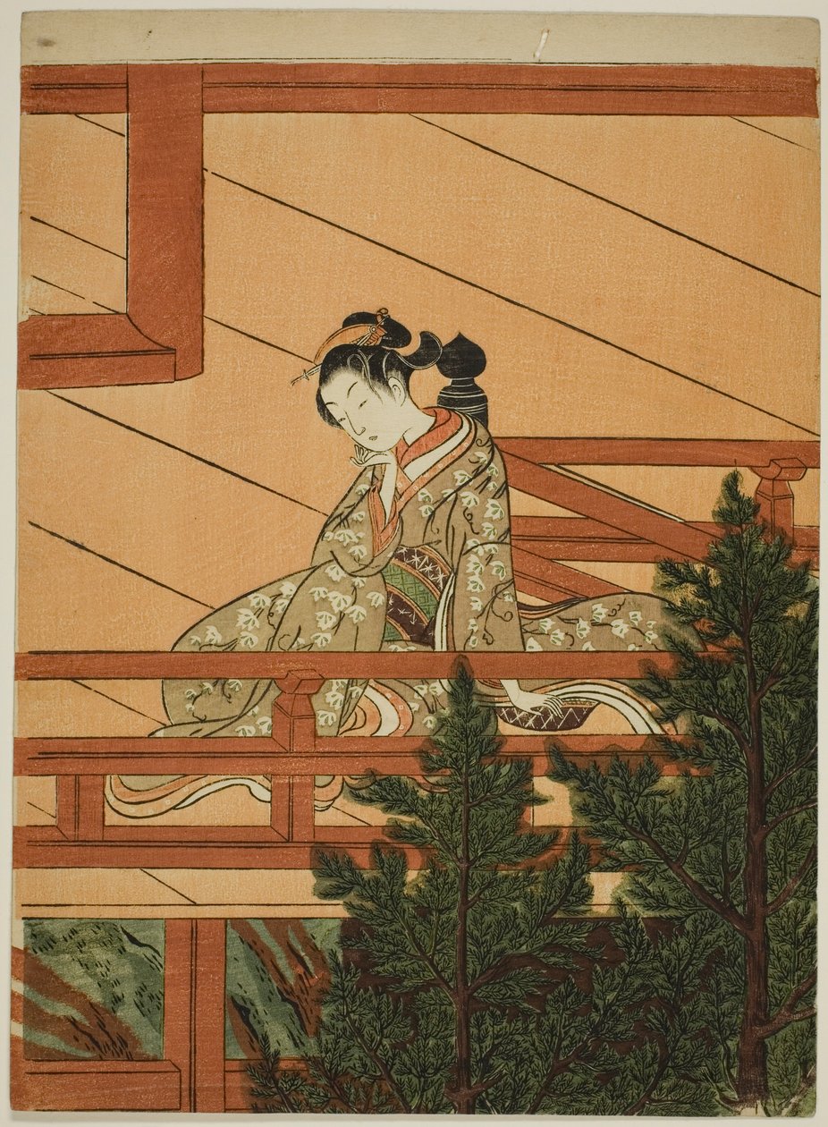 Jovem sentada na varanda do Templo Kiyomizu de Suzuki Harunobu