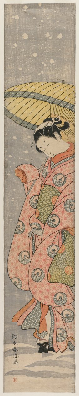 Jovem de pé sob um guarda-chuva na neve, 1767-1768. de Suzuki Harunobu