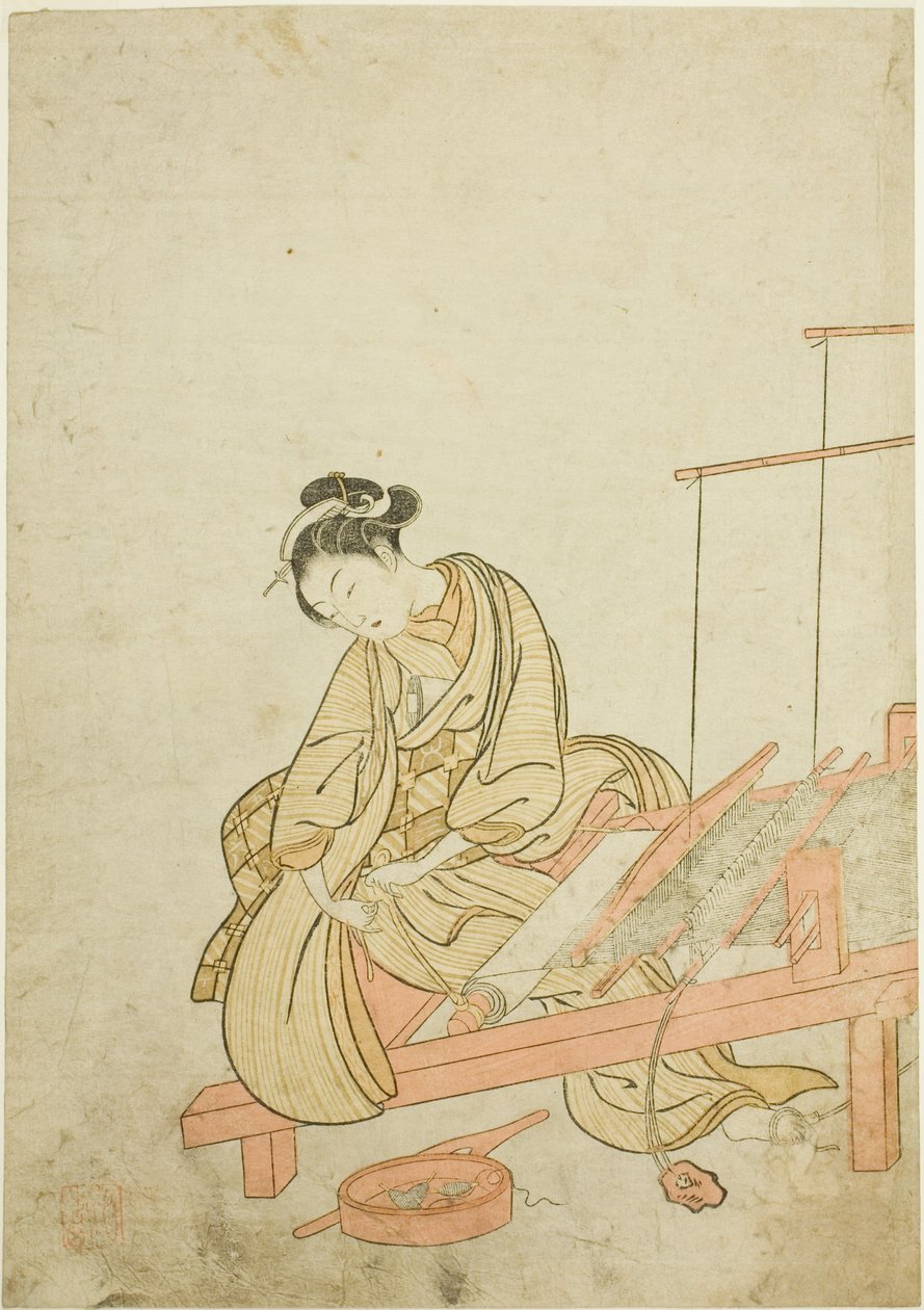 Mulher jovem em um tear de Suzuki Harunobu