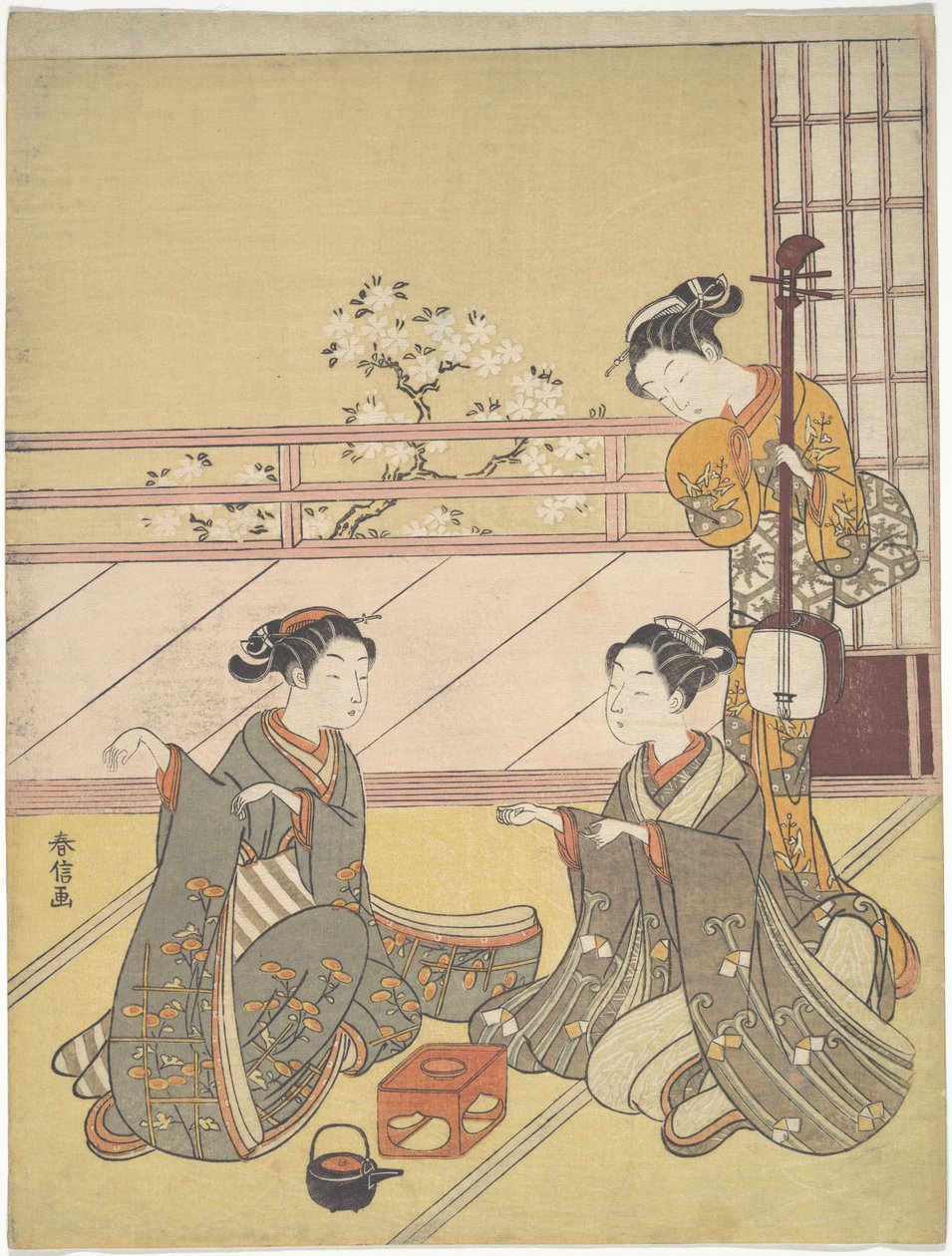 Jovens mulheres a jogar kitsune-ken (jogo da raposa) de Suzuki Harunobu