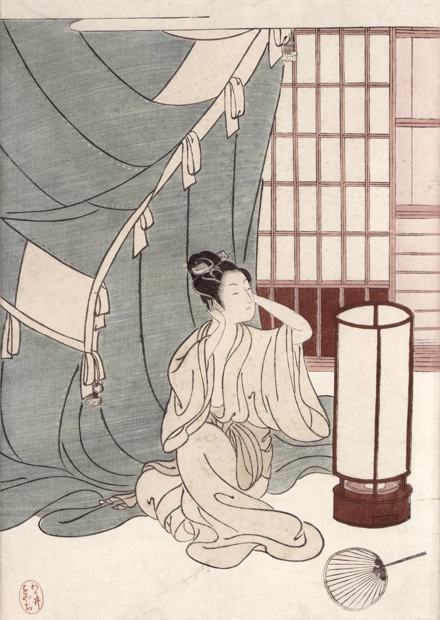 Jovem mulher ajoelhada por sua rede mosquiteira, 1766 (impressão woodblock de cor) de Suzuki Harunobu
