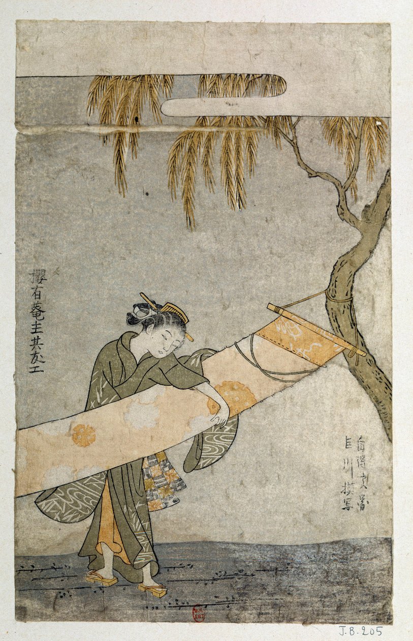 Uma jovem que cuida de um kakemono agarra-se a uma árvore. Impressão japonesa de Harunobu Suzuki (1725-1770) de Suzuki Harunobu