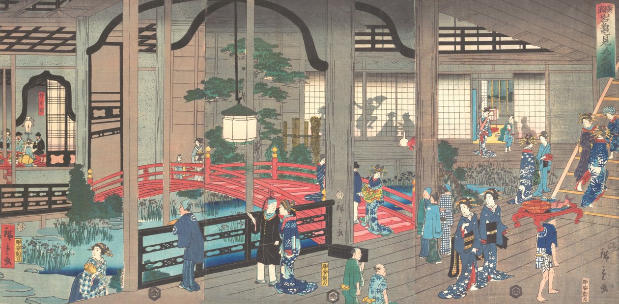 O interior da casa de chá Gankiro em Yokohama, abril de 1861. de Suzuki Hiroshige