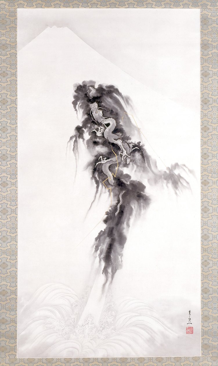 Dragão Ascendente E Monte Fuji (tinta e ouro sobre papel) de Suzuki Kiitsu