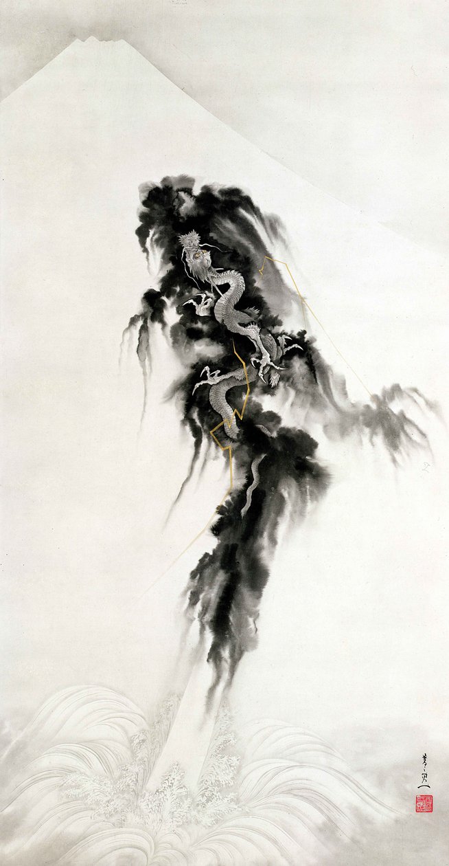 Dragão ascendente e Monte Fuji (tinta e ouro sobre papel) de Suzuki Kiitsu