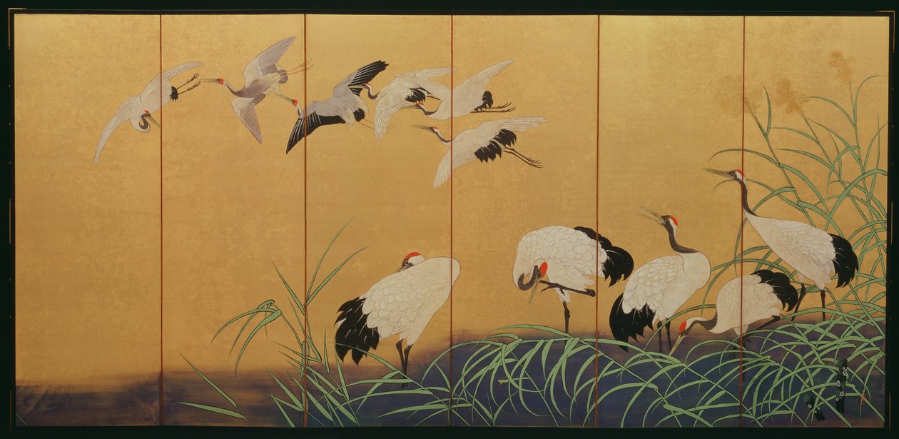 Tela de seis vezes representando palhetas e guindastes, período Edo, japonês, século XIX (cor sobre seda dourada) de Suzuki Kiitsu