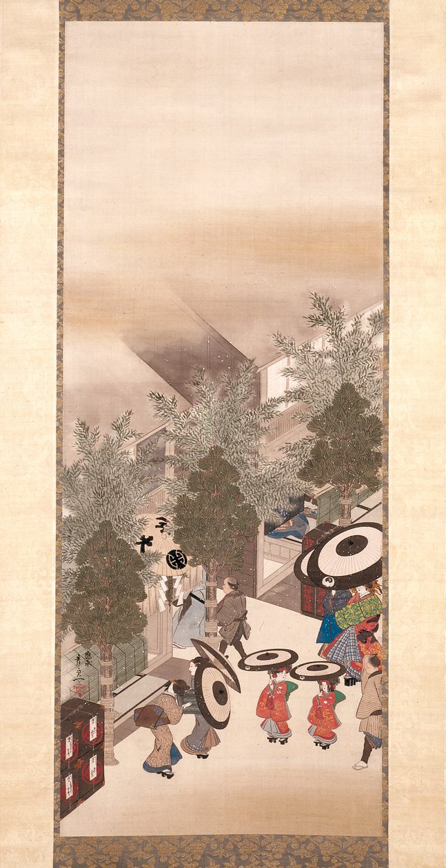 Yoshiwara e Shinagawa (tinta, cor, e ouro sobre seda) de Suzuki Kiitsu