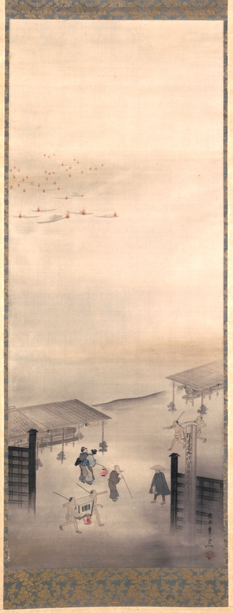 Yoshiwara e Shinagawa, Período Edo (tinta, cor e ouro sobre seda) de Suzuki Kiitsu