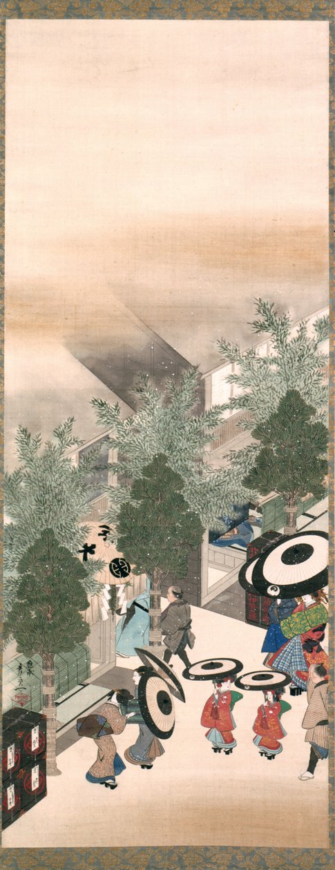 Yoshiwara e Shinagawa, Período Edo (tinta, cor e ouro sobre seda) de Suzuki Kiitsu