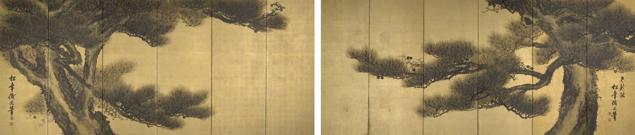 Dragões envelhecidos (tinta e cor clara sobre folha de ouro sobre papel) de Suzuki Shōnen