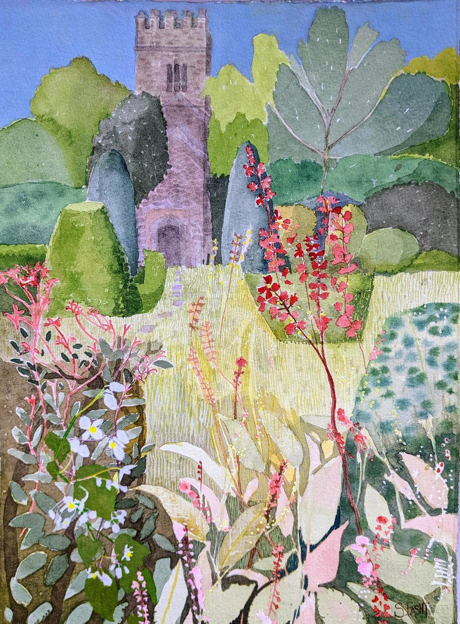 Torre medieval num jardim, Dartington, 2022 (aguarela sobre papel) de Suzy Fasht