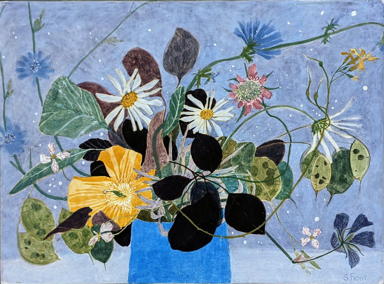 Flores silvestres com chicória, 2022 (têmpera de ovo sobre painel de madeira) de Suzy Fasht