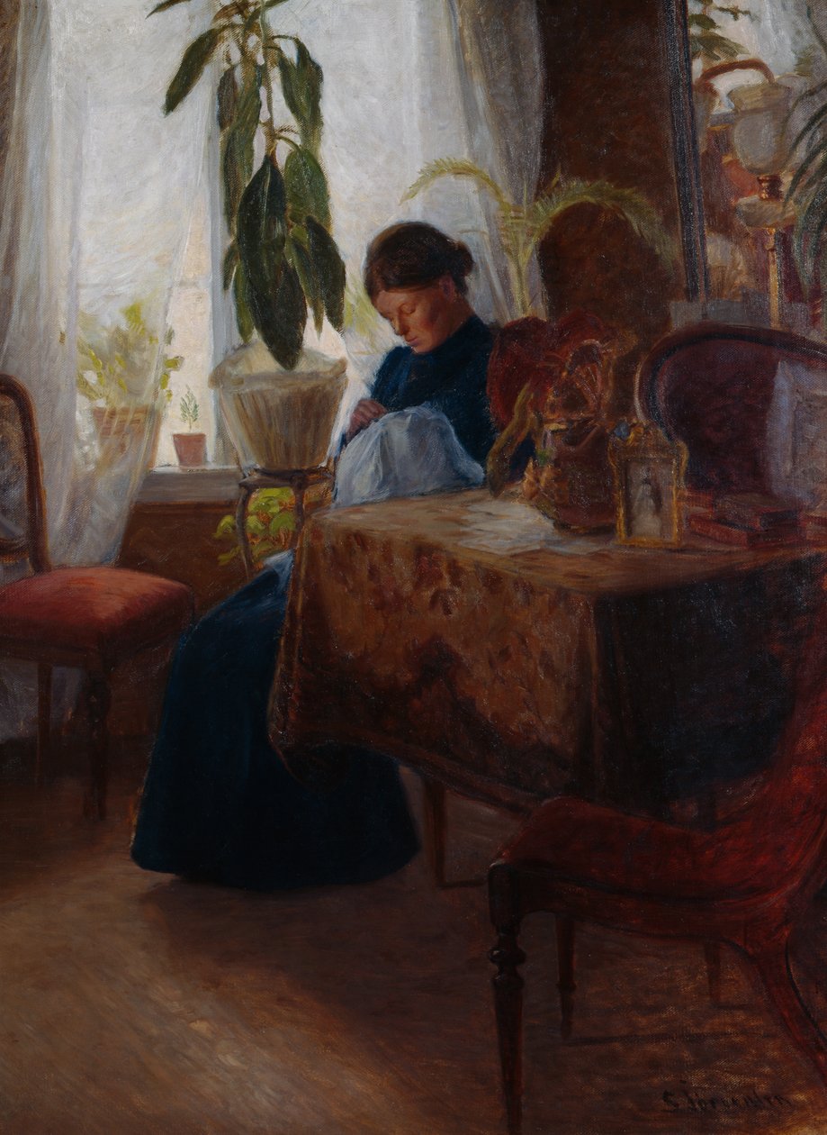Interior com mulher costurando de Sven Jorgensen