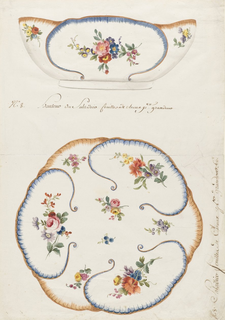Design para uma tigela de salada de folha de repolho de porcelana pintada, para a manufatura de porcelana de Sèvres de Sèvres Porcelain Manufactory