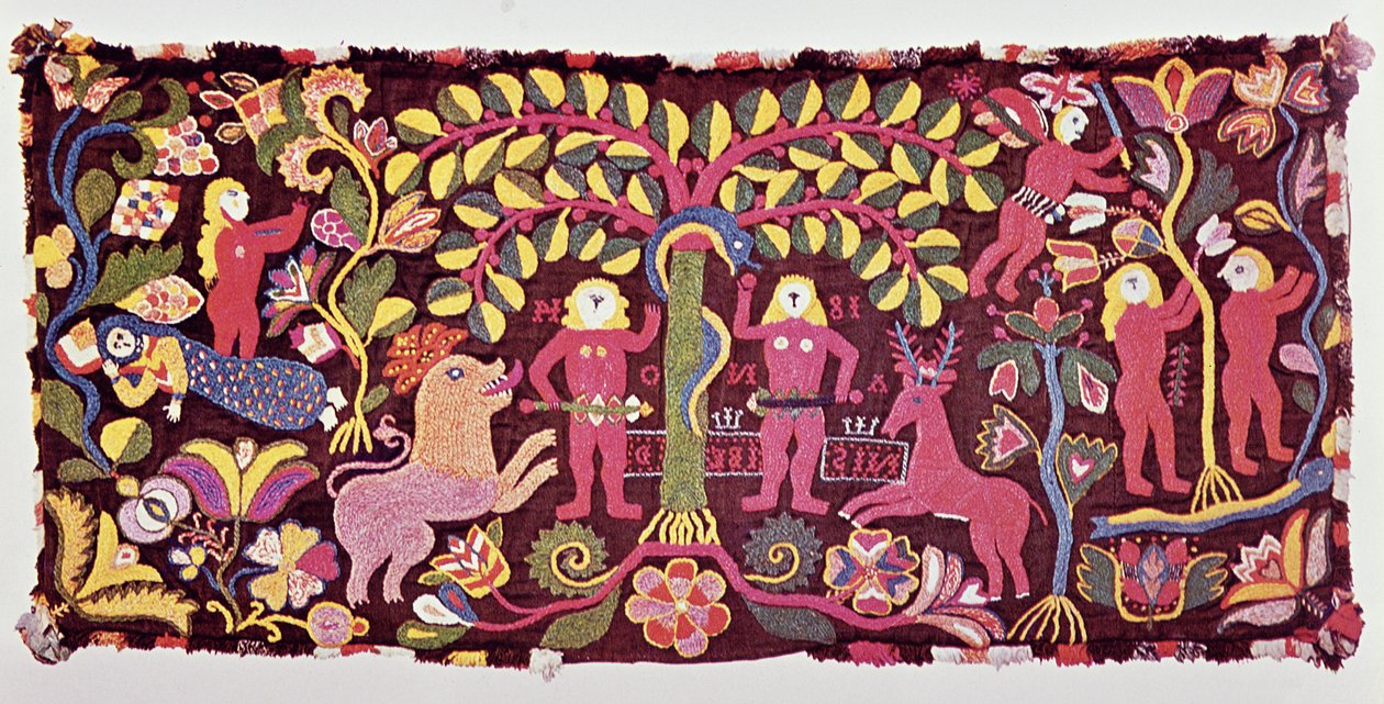Capa de almofada de carruagem representando a Queda do Homem, Criação de Eva e Expulsão do Paraíso, de Akarp, Skane, Suécia, c.1814 (têxtil) de Swedish School