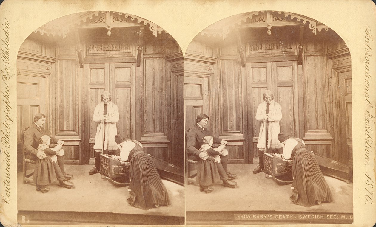 Morte de Babys, seção sueca, do título da exposição: Cenas na vida doméstica dos suecos, exposição na, edifício principal da exposição, construção, 1876 (impressão estereoscópica) de Swedish Photographer