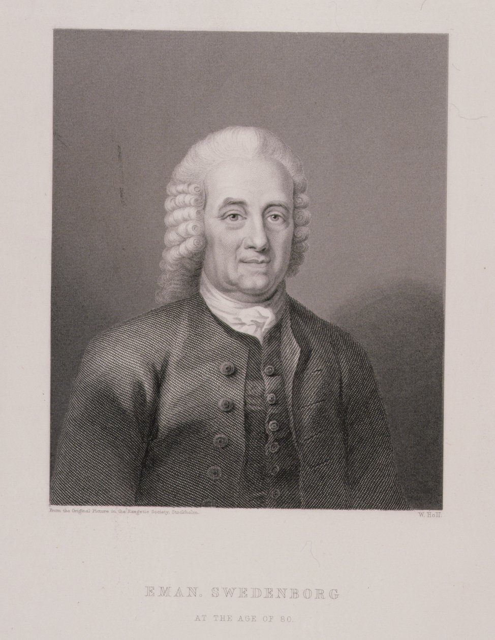 Emanuel Swedenborg (1688-1772) aos 80 anos, gravado por W. Holl, de World Religion, publicado por A. Fullarton & Co. de Swedish School