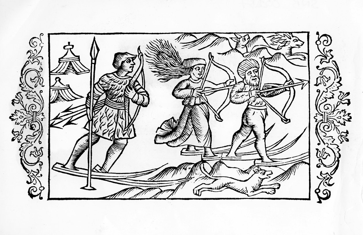 A caça ao esqui finlandês - em "De Gentibus septrionalibus" do Arcebispo Olaus Magnus, Suécia de Swedish School