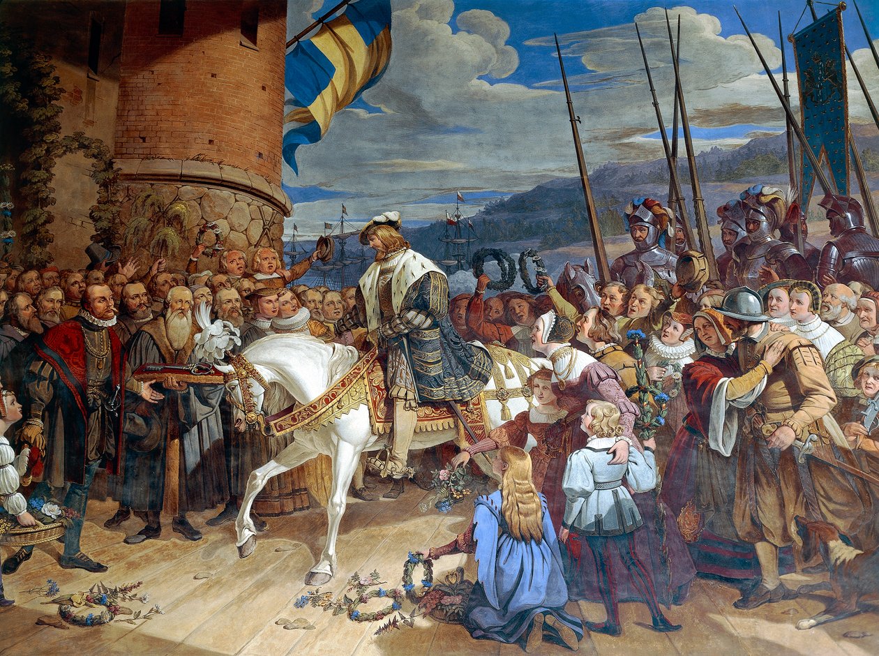 Gustav I Eriksson Vasa, Rei da Suécia, triunfantemente recebido em Uppsala. de Swedish School