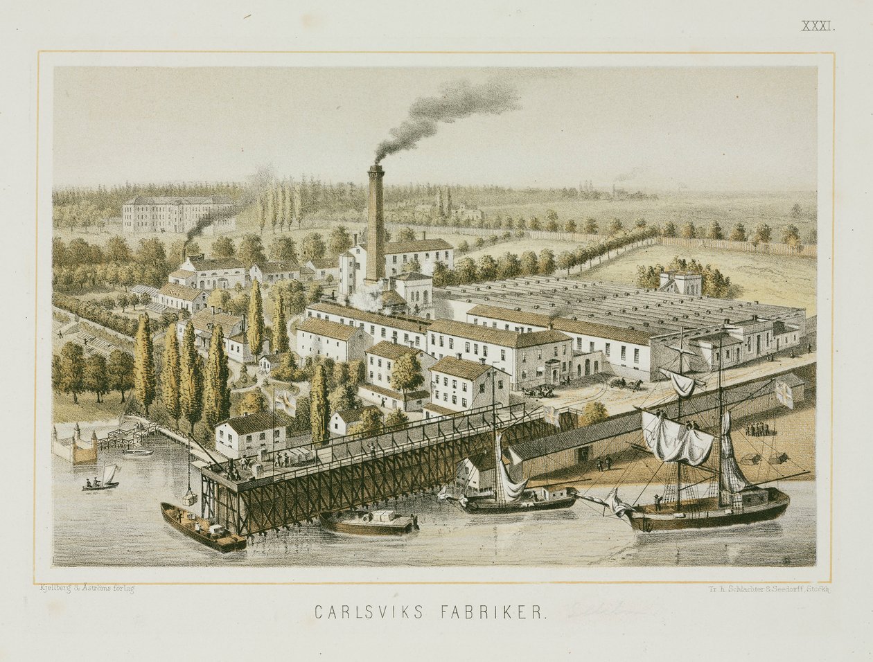 Fábrica têxtil, Carlsviks, Estocolmo, Suécia, c.1840 (cor litho) de Swedish School