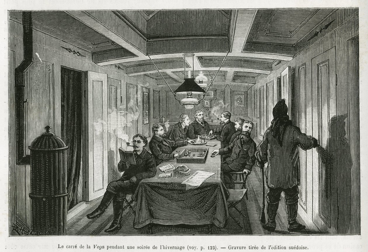 A praça de La Vega, durante uma noite de inverno, e as atividades da equipe: leitura, jogos de xadrez e gamão, assim como degustação de licores. Gravura da edição sueca, para ilustrar a história "Voyage de la Vega around Asia and Europe", de Ni de Swedish School