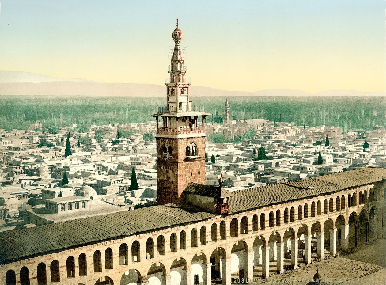 O chamado Minarete de la Fiancee da Grande Mesquita dos Omíadas em Damasco, c.1880-1900 (photochrom) de Swiss Photographer