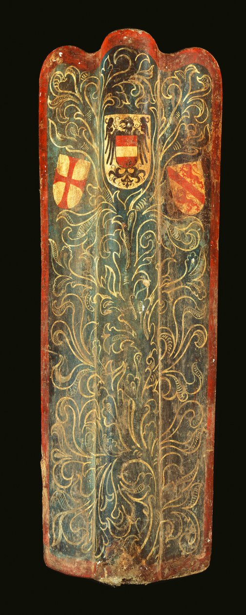 Um raro pavimento suíço de madeira coberto com tela pintada de gesso com desenho de folhagem verde e os escudos de armas dos Habsburgos, da Liga de São Jorge e da cidade de Winterthur, c.1445 de Swiss School
