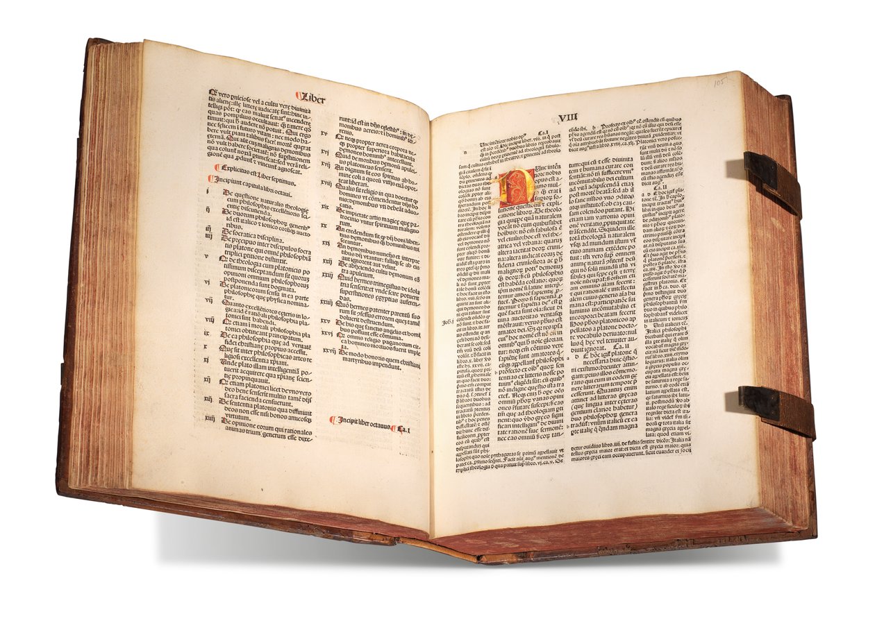 De civitate Dei, com comentário de Thomas Waleys (morto antes de 1349) e Nicolaus Trivet (1258 -1328), de Agostinho de Hipona, impresso em 1489 (pergaminho) de Swiss School