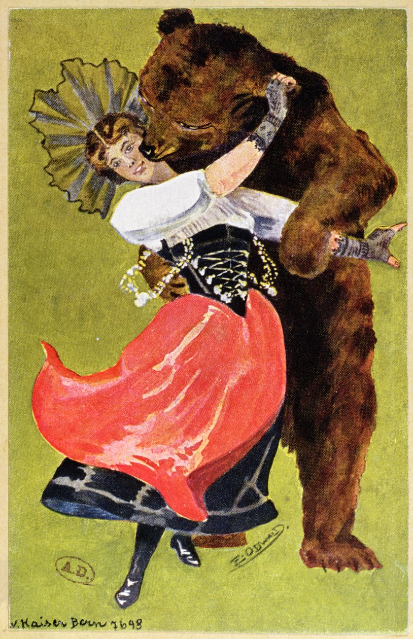 Postal de Berna, representando uma mulher e um urso, c.1900 de Swiss School
