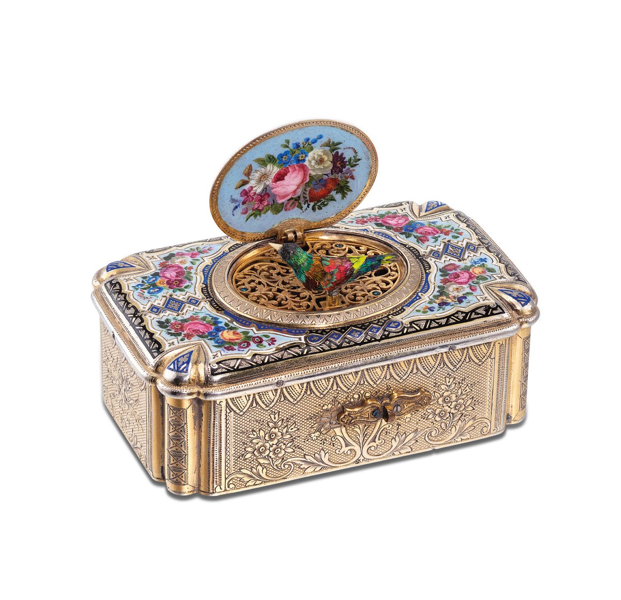 Caixa do pássaro cantor, c.1880 (esmalte e prata dourada) de Swiss School