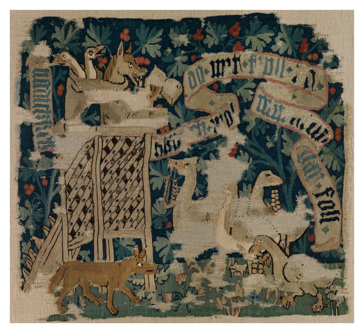 Almofada de tapeçaria representando a Raposa, possivelmente o Lobo, a pregar aos gansos, de Basileia de Swiss School