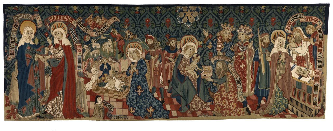 Dorsal de tapeçaria representando quatro cenas da Vida da Virgem, de Basileia, c.1450-75 (fios de lã e linho branco) de Swiss School