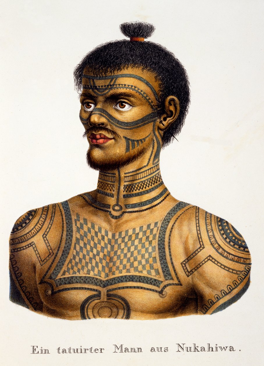 Homem tatuado de Nukahiwa, do Estudo Etnológico de Vários Tipos Raciais de Vários Continentes, de CI Brodtmann, publicado em 1824 de Swiss School