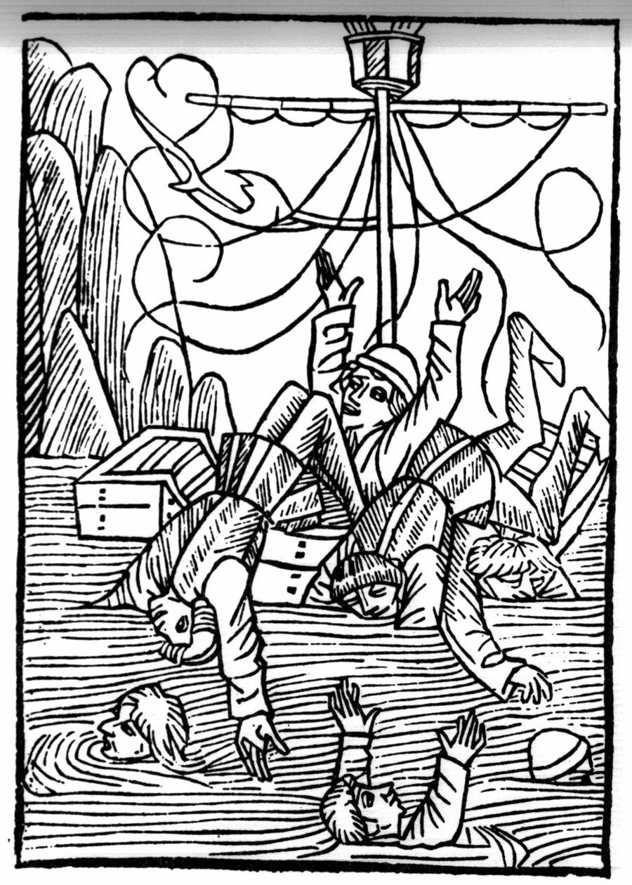 A Lenda de São Brendan (Brandan), Heros e Santo Irlandês do século VI Navios estão a afundar no Mar de Cleves. Gravação de "Die Wunderbare Meerfahrt des Hl. Brandan". Bale de Swiss School