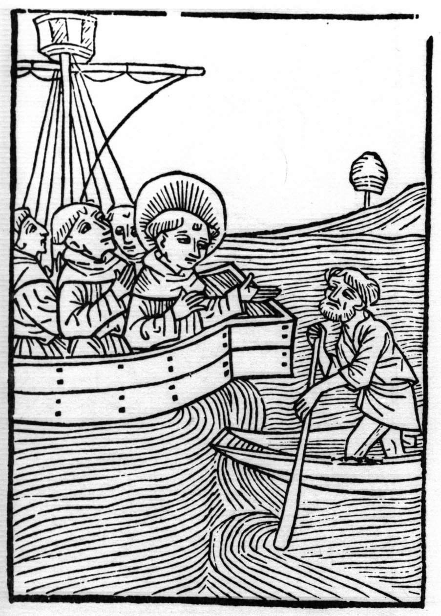 A lenda de Saint Brendan (Brandan), heróis e santo irlandês do século VI: Confrades encontram um anão no fim do mundo. Gravação de "Die Wunderbare Meerfahrt des Hl. Brandan". Bale de Swiss School