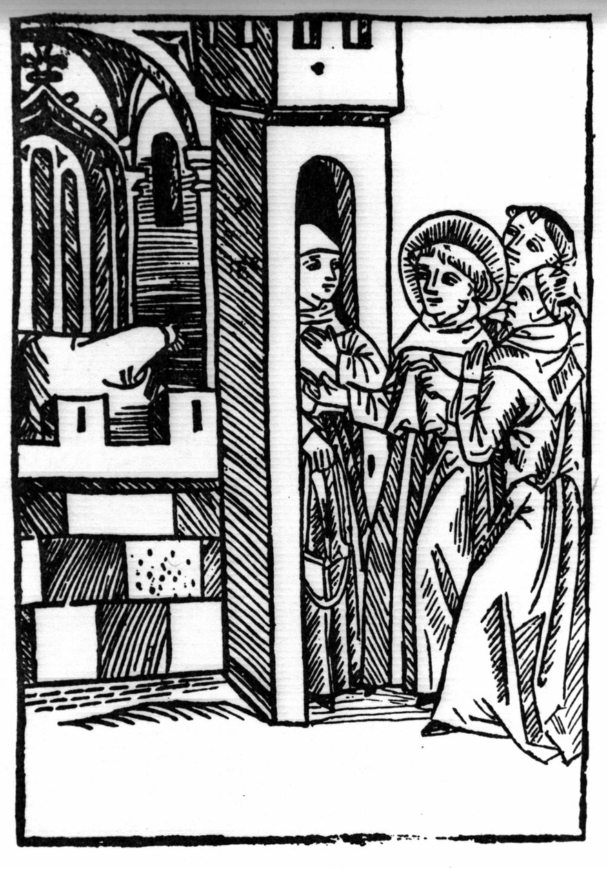 A lenda de Saint Brendan (Brandan), heróis e santo irlandês do século VI. Um dos monges rouba um cálice. Gravação de "Die Wunderbare Meerfahrt des Hl. Brandan". Bale de Swiss School