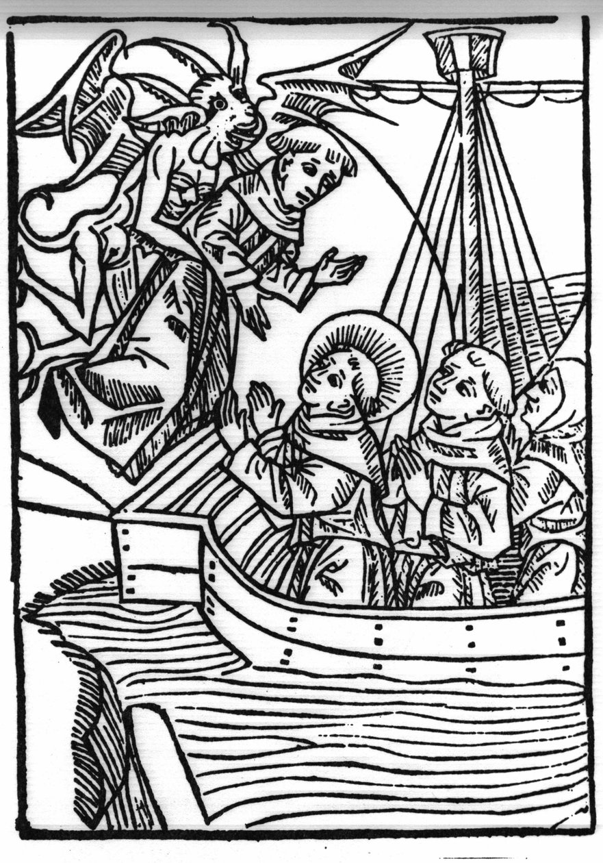 A lenda de Saint Brendan (Brandan), heróis e santo irlandês do século VI. A oração de São Brandan salva o monge pecador. Gravação de "Die Wunderbare Meerfahrt des Hl. Brandan". Bale de Swiss School
