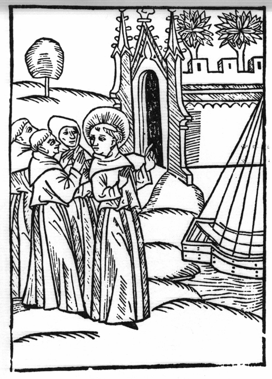 A lenda de Saint Brendan (Brandan), heróis e santo irlandês do século VI. Os monges e São Brendan descobrem o Paraíso Terrestre. Gravação de "Die Wunderbare Meerfahrt des Hl. Brandan". Bale de Swiss School