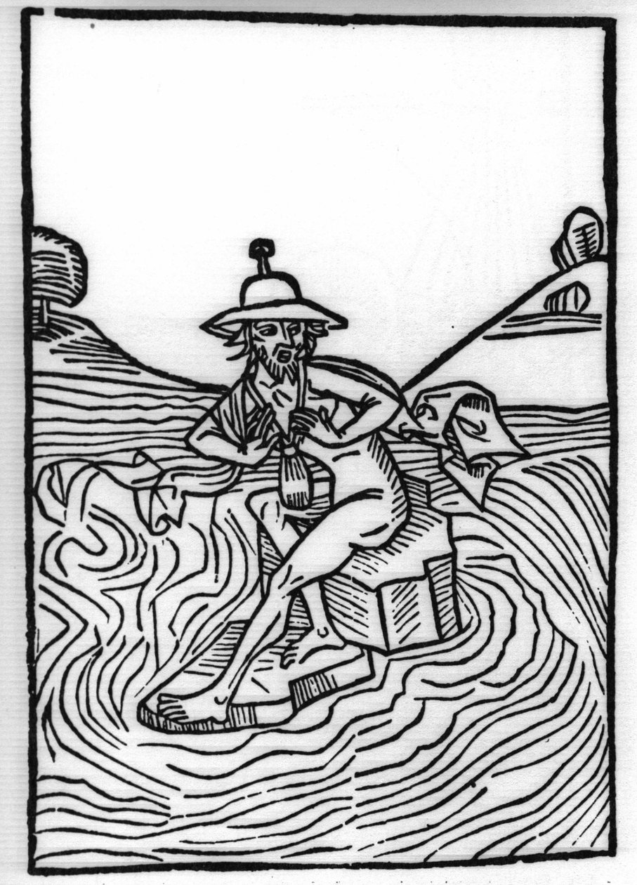 A lenda de Saint Brendan (Brandan), heróis e santo irlandês do século VI: O encontro com Judas sofrendo de muitos tormentos. Gravura de "Die Wunderbare Meerfahrt des Hl. Brandan". Bale de Swiss School