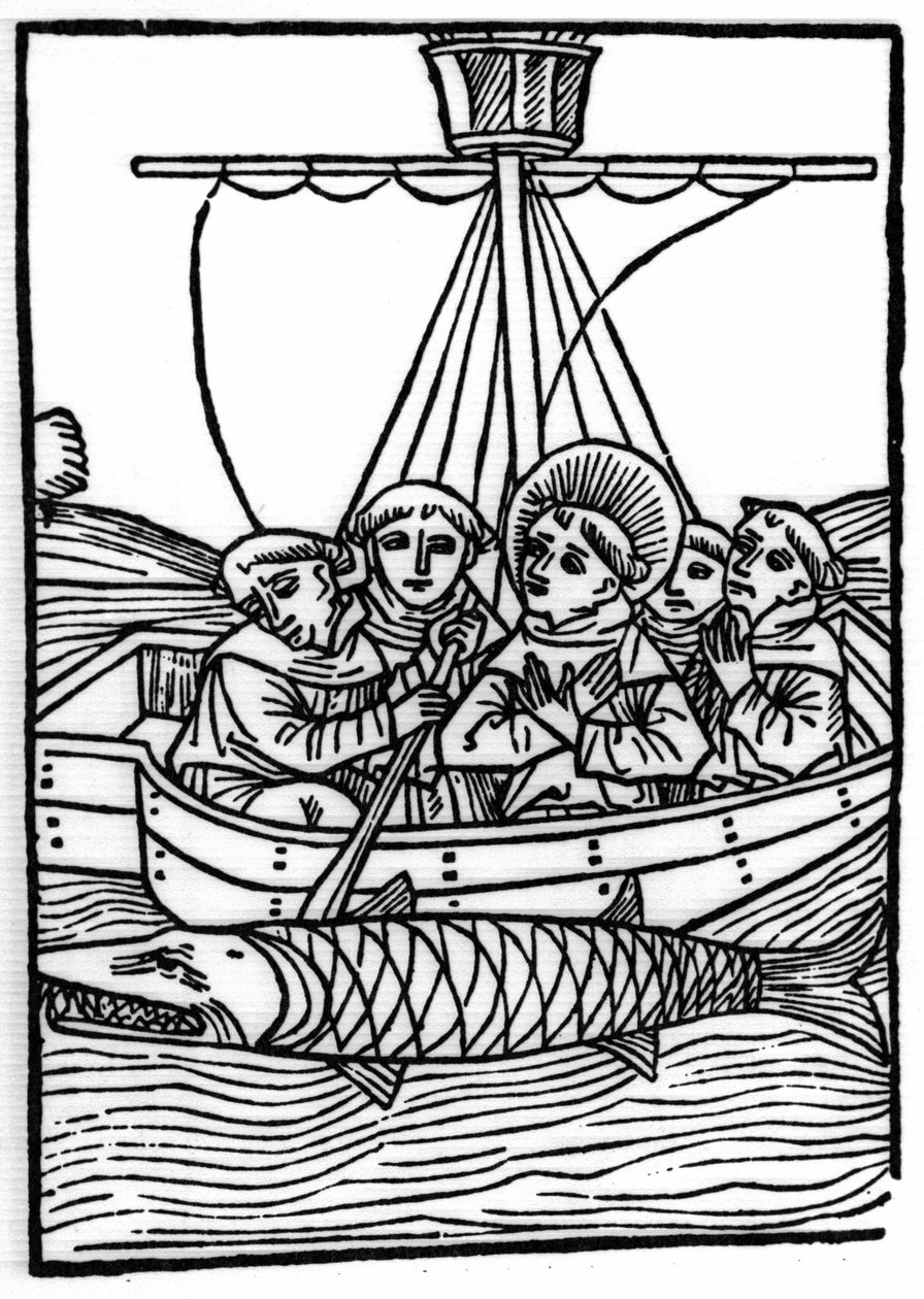 A lenda de Saint Brendan (Brandan), heróis e santo irlandês do século VI: O encontro com o peixe gigante Isconius. Gravura de "Die Wunderbare Meerfahrt des Hl. Brandan". Bale de Swiss School