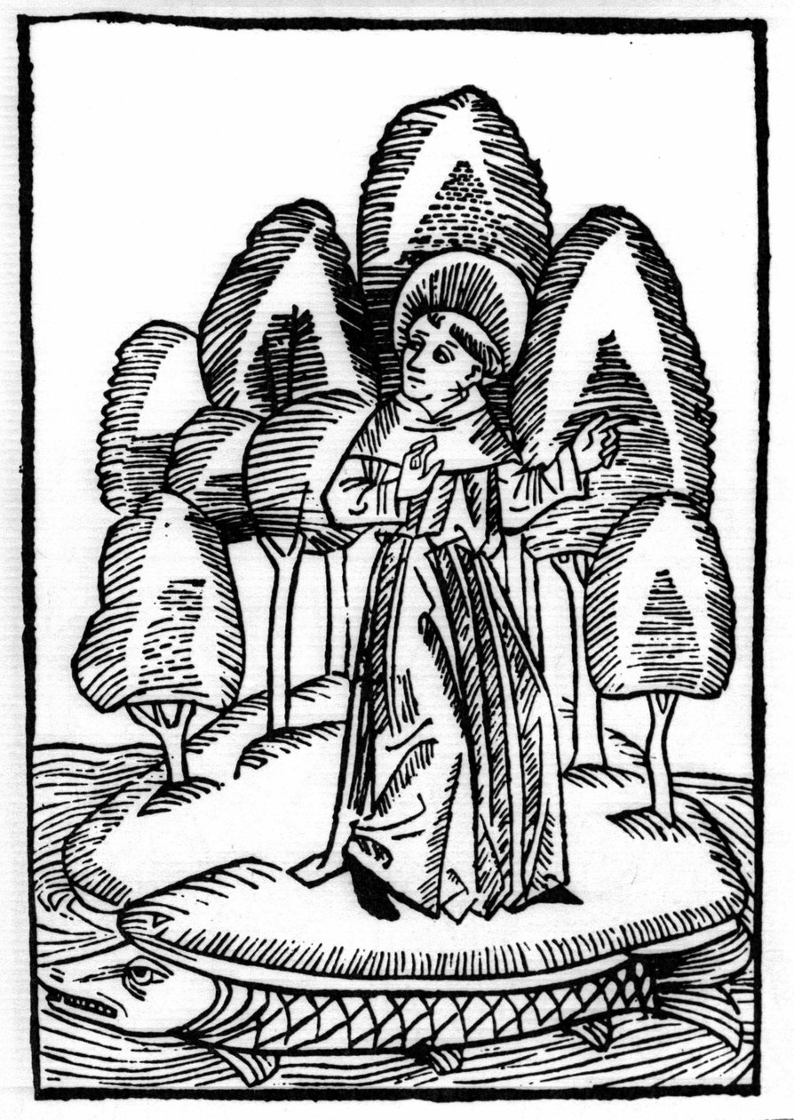 A lenda de Saint Brendan (Brandan), heróis e santo irlandês do século VI. O santo está sobre uma floresta no dorso de um peixe. Gravação de "Die Wunderbare Meerfahrt des Hl. Brandan". Bale de Swiss School