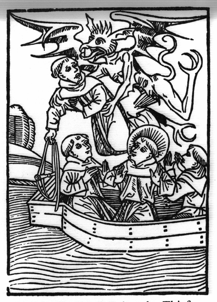A lenda de São Brendan (Brandan), heróis e santo irlandês do século VI O diabo leva o monge ladrão. Gravação de "Die Wunderbare Meerfahrt des Hl. Brandan". Bale de Swiss School