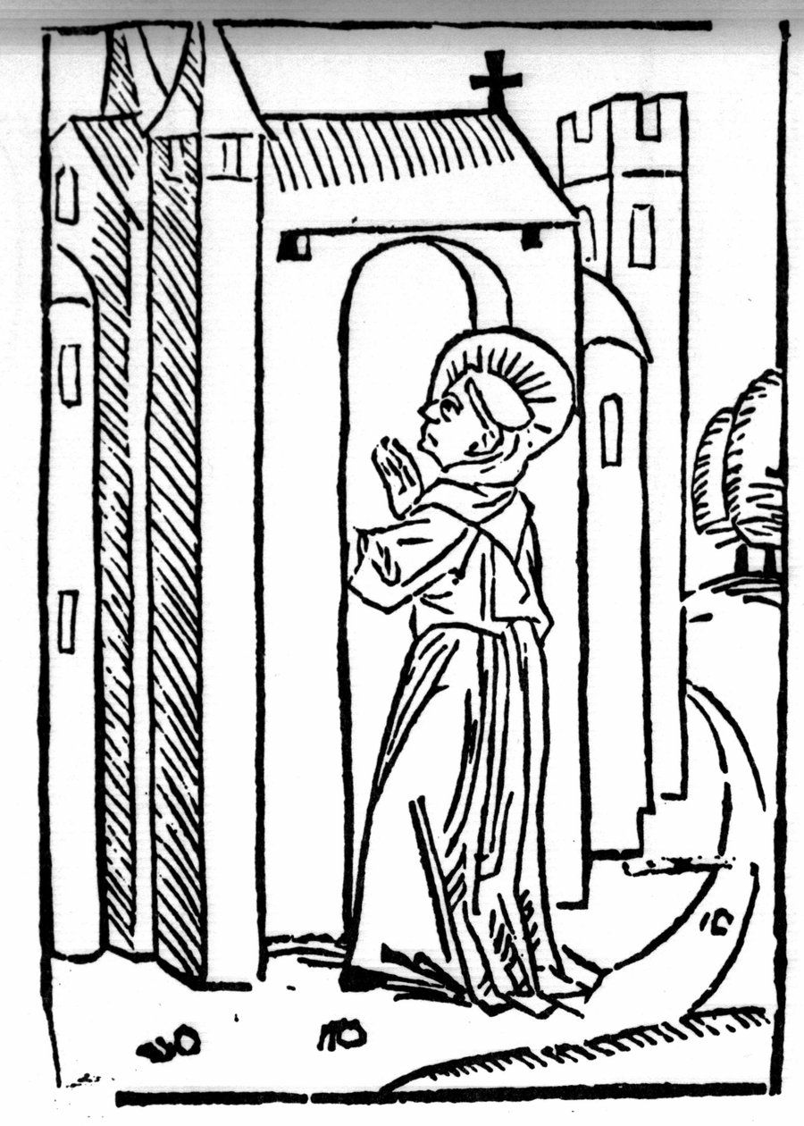 A lenda de Saint Brendan (Brandan), heróis e santo irlandês do século VI. O regresso do santo tem o seu mosteiro. Gravação de "Die Wunderbare Meerfahrt des Hl. Brandan". Bale de Swiss School