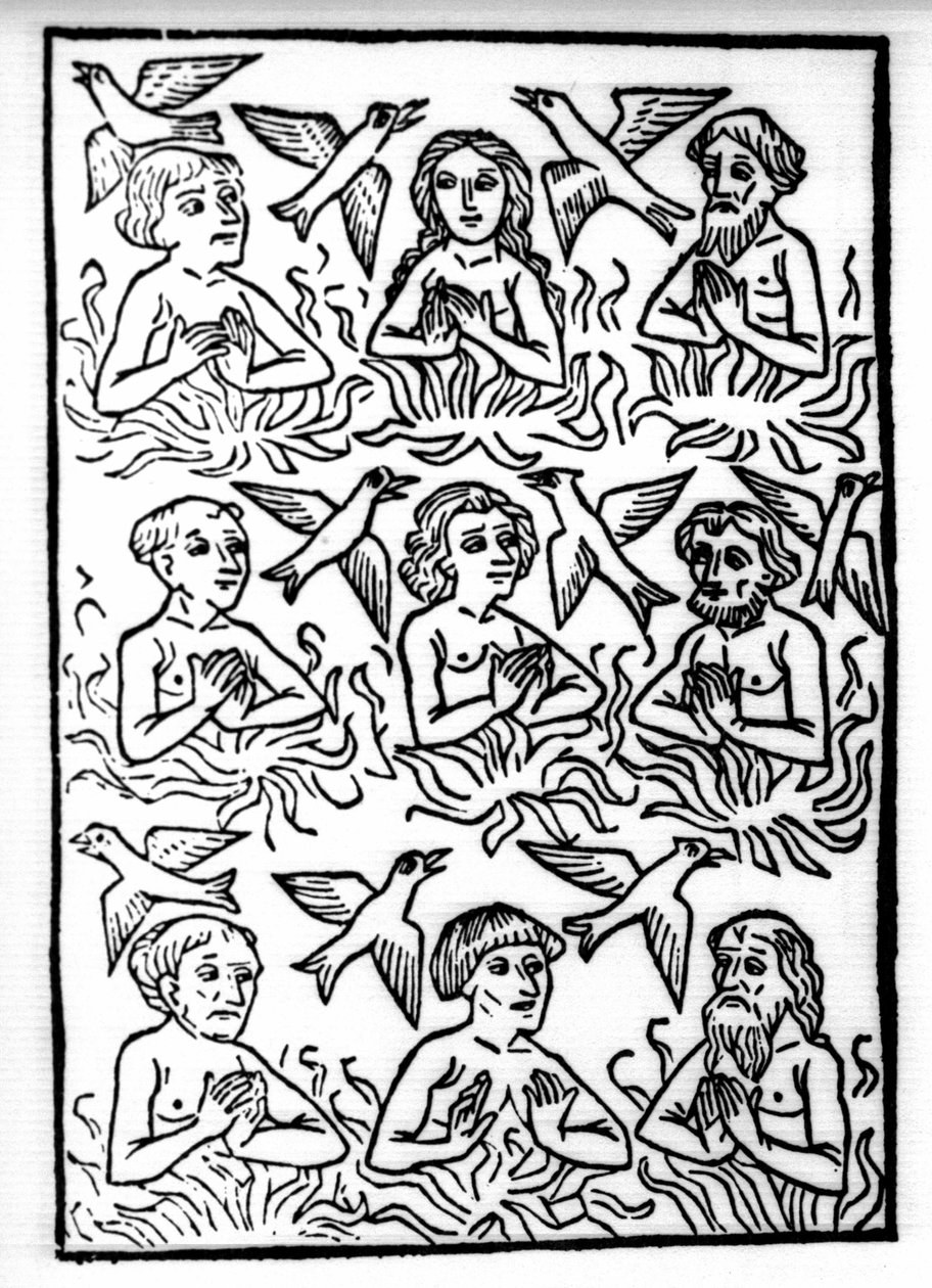 A lenda de Saint Brendan (Brandan), heróis e santo irlandês do século VI: Os incêndios do Purgatório e dos pássaros de fogo. Gravura de "Die Wunderbare Meerfahrt des Hl. Brandan". Bale de Swiss School