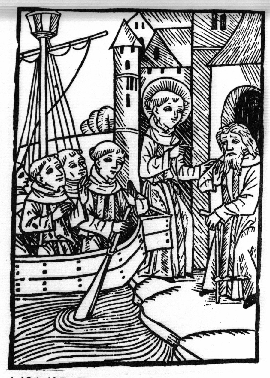 A lenda de Saint Brendan (Brandan), heróis e santo irlandês do século VI. O santo conhece o antigo Haylbray e compreende que ele voltou para a Escócia. Gravação de "Die Wunderbare Meerfahrt des Hl. Brandan." Bale de Swiss School