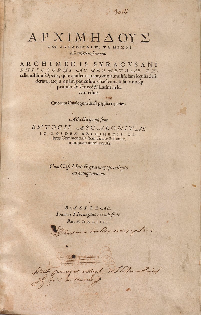 Página de rosto de uma edição impressa da &39;Archimedes Palimpsest&39;, Editio Princeps de Swiss School