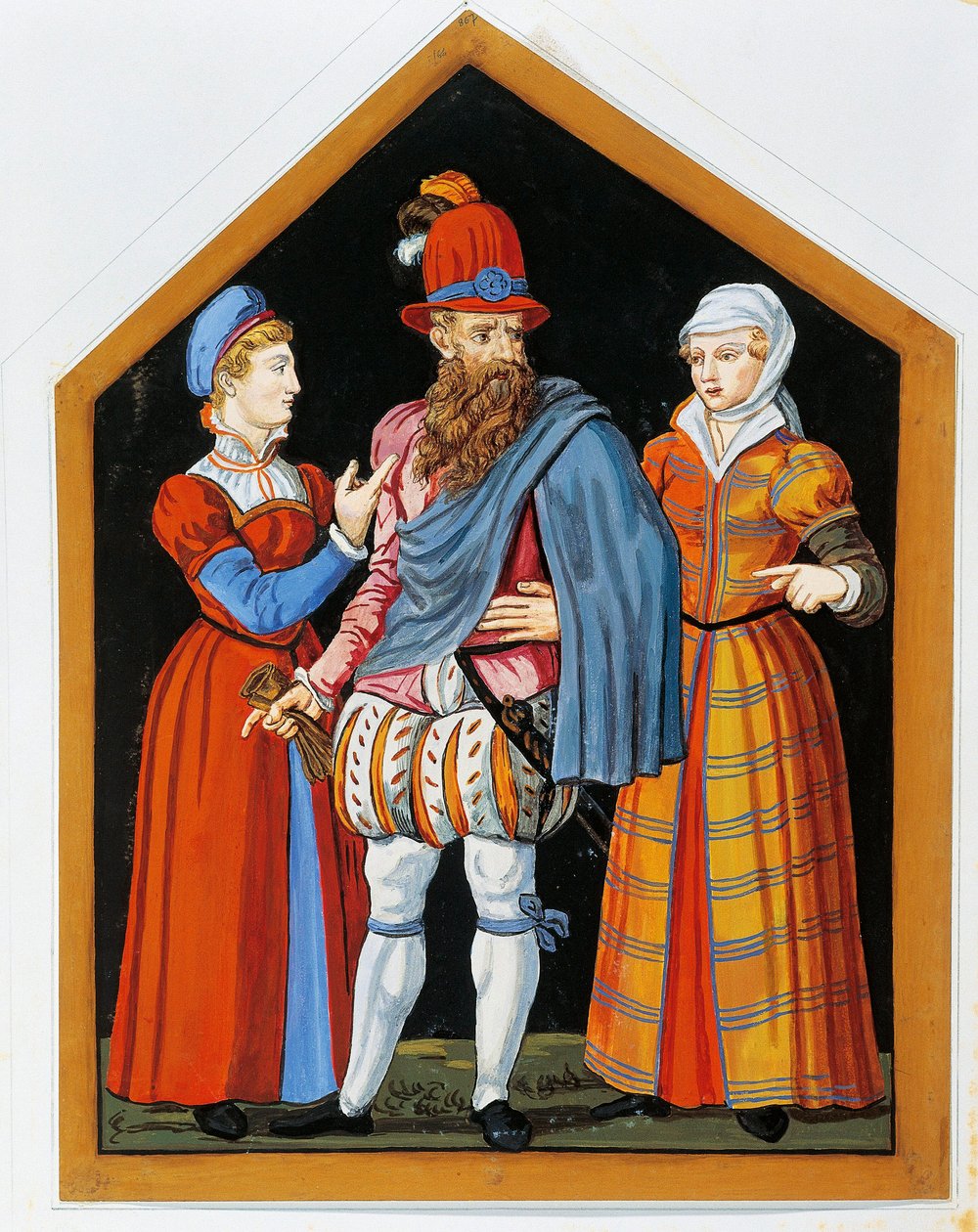 "Duas prostitutas e o cafetão" Pintura anônima do século XVI (pintura) de Swiss School