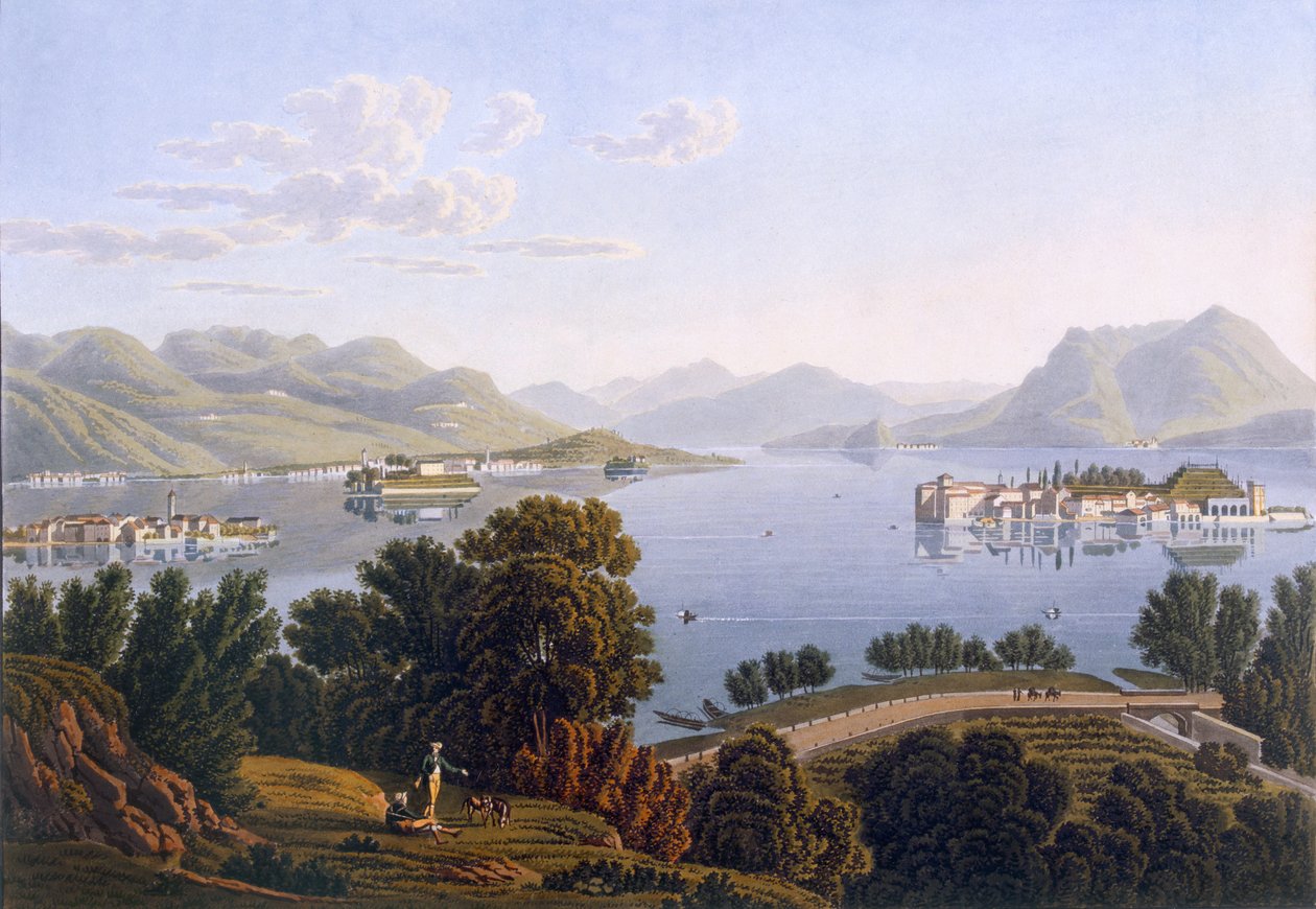 Vista do Lago Maggiore e das Ilhas Borromeu, da Voyage Pittoresque de Geneve a Milão, 1819 de Swiss School